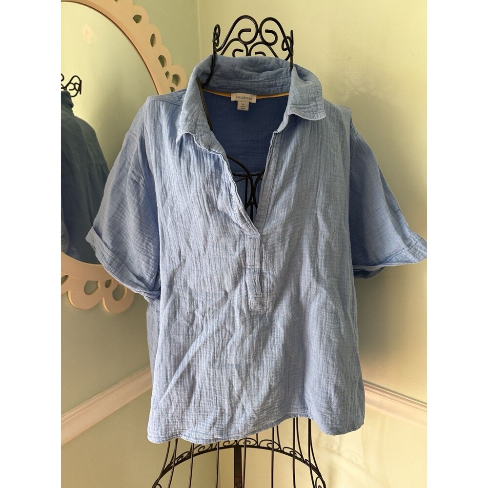 Sundance Catalog Blue Gauzy Cotton S/S Top Blouse Tunic M Boho Beachy‎